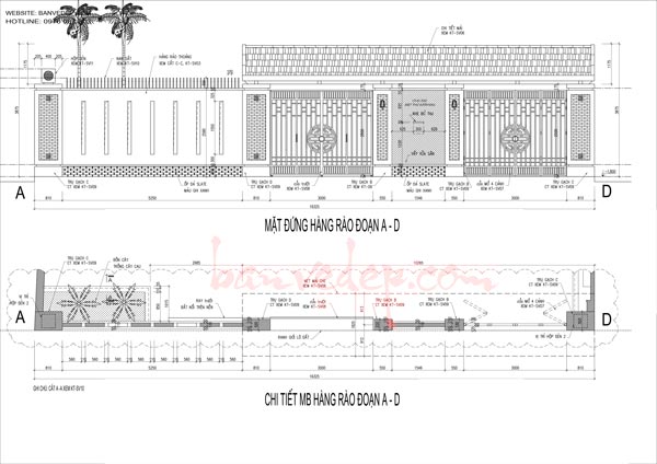 Bản vẽ cổng mái thái và hàng rào xây cho biệt thự vườn [file cad + pdf,  không pass]
